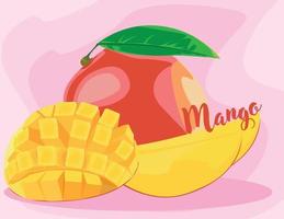 Mango fruit slices with leaves isolated on pink background vector