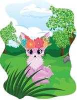cute baby fox wolf with flowers vector