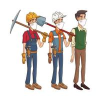 construction workers using medical masks and tools vector