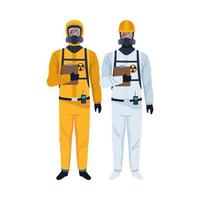 trabajadores con trajes de bioseguridad personajes vector