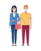 young couple using medical masks characters vector