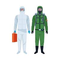 trabajadores con trajes de bioseguridad vector