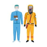 trabajadores con trajes de bioseguridad vector