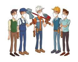 construction workers using medical masks and tools vector