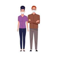 young couple using medical masks characters vector