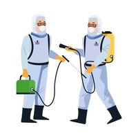 biosafety workers with portable sprayers vector