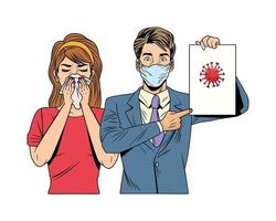 businessman and woman using face mask and covid19 label vector