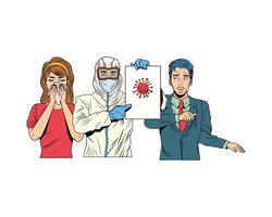 couple and man with biosafety suit lifting covid19 label vector