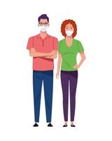 young couple using medical masks characters vector