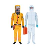 trabajadores con trajes de bioseguridad personajes vector