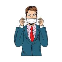 businessman using face mask pop art style vector