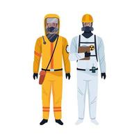 trabajadores con trajes de bioseguridad personajes vector