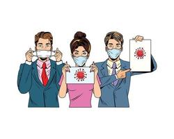 businessmen and woman using face mask and covid19 label vector