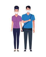 young couple using medical masks characters vector