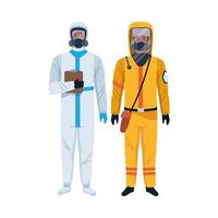 trabajadores con trajes de bioseguridad personajes vector