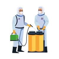 biosafety workers with portable sprayer and tanks vector