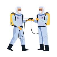 biosafety workers with portable sprayers vector