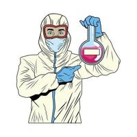 worker with biosafety suit lifting test tube vector