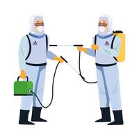 biosafety workers with portable sprayers vector