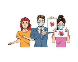 businessman and girls using face mask and covid19 label vector