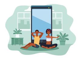 black couple practicing online exercise and yoga for quarantine vector