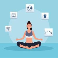 mujer practicando yoga online para cuarentena vector