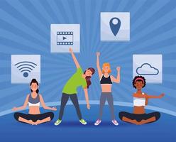 interracial people practicing online exercise and yoga for quarantine vector