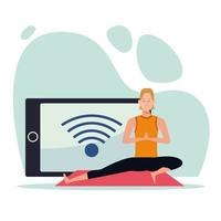 woman practicing online yoga for quarantine vector