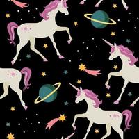 Seamless pattern with unicorns and planets, stars. vector