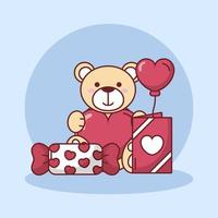 Oso de peluche del día de San Valentín con globo de corazón y diseño vectorial de dulces vector