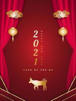 Happy Chinese New Year 2021 year of the ox. Chinese greeting card decorated with golden ox, lanterns, and red curtains on red background vector