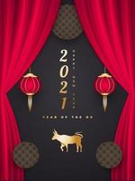 Happy Chinese New Year 2021 year of the ox. Chinese greeting card decorated with golden ox, lanterns, and red curtains on black background vector