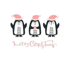 Christmas Greeting Card with pinguins and text Merry Christmas. Enjoy winter time. Template for Greeting Scrapbooking, Congratulations, Invitations. vector