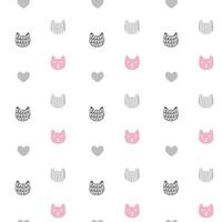 Vector seamless pattern with hand drawn textured cats in graphic doodle style. Grey and pink colored cute kitten faces. Valentines day.