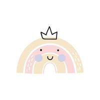 arco iris escandinavo dibujado a mano con corona. colores pastel. diseño de bebé para invitación de cumpleaños o ducha de niños, póster, ropa, arte de pared de guardería y postal nórdica. vector