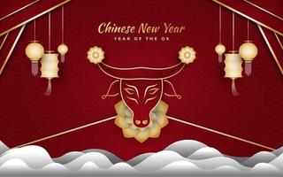 Chinese new year 2021 year of the ox. Happy lunar new year banner with golden ox, cloud and lantern on red background vector