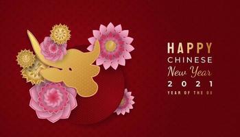 Chinese new year 2021 year of the ox. Happy lunar new year banner with golden ox and colorful flower ornaments on red background vector