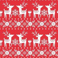 Christmas winter seamless pattern with white reindeer, flowers, snowflakes on red background. vector