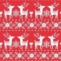 Christmas winter seamless pattern with white reindeer, flowers, snowflakes on red background. vector