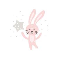 Funny Bunny with star Lovely Nursery Art in Scandinavian style design. Dreaming rabbit nordic. Doodle Vector illustration dream