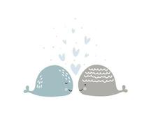 Romantic greeting card with two whales in love. Card about friendship with hearts. Valentines Day card, poster or print template. Vector scandinavian