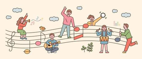 People sit on sheet music and sing and play musical instruments. flat design style minimal vector illustration.