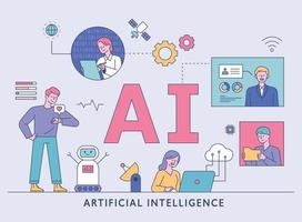 Artificial intelligence lifestyle. Users and scientists exchange information around AI characters. flat design style minimal vector illustration.