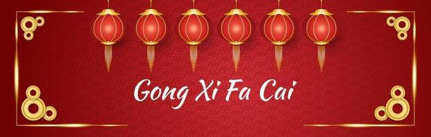 Gong xi fa cai greeting banner with red and gold lanterns and coins on a red ornamental background vector