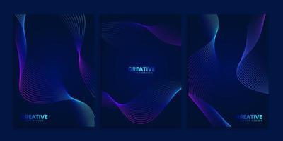 Blue Dark Covers Collection with Neon Wavy Lines set vector