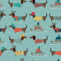 Navidad de patrones sin fisuras con perros salchicha, nieve y trineo sobre fondo azul. vector