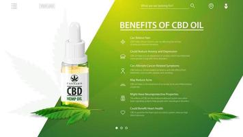 Green and white template of Medical uses for cbd oil, benefits of use CBD oil. Web banner with glass bottle of cbd oil and hemp leaf with pipette vector