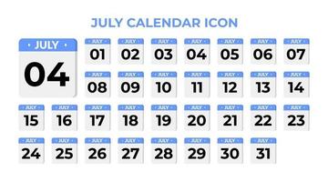 July calendar icon, set on blue vector