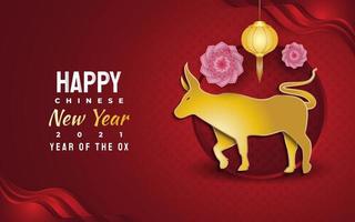 Chinese new year 2021 greeting banner with golden ox and lantern on red background. Lunar New Year 2021 year of the ox vector