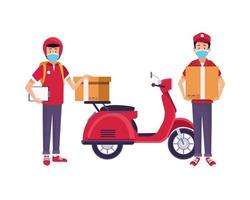 delivery workers with face masks and motorcycle vector